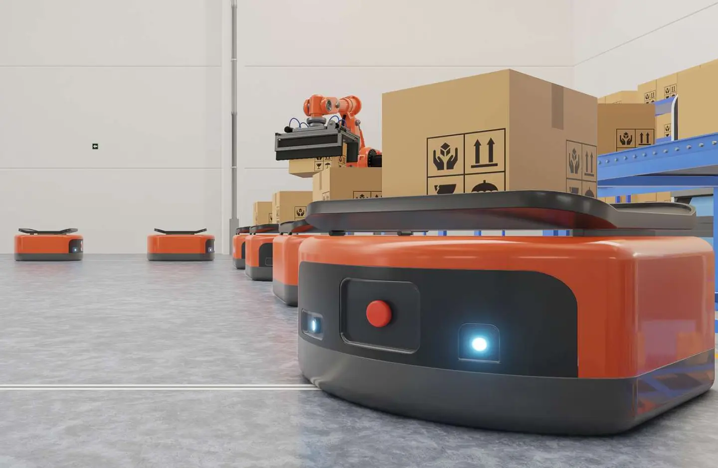 Picture of automated guided vehicles in warehouse operations.