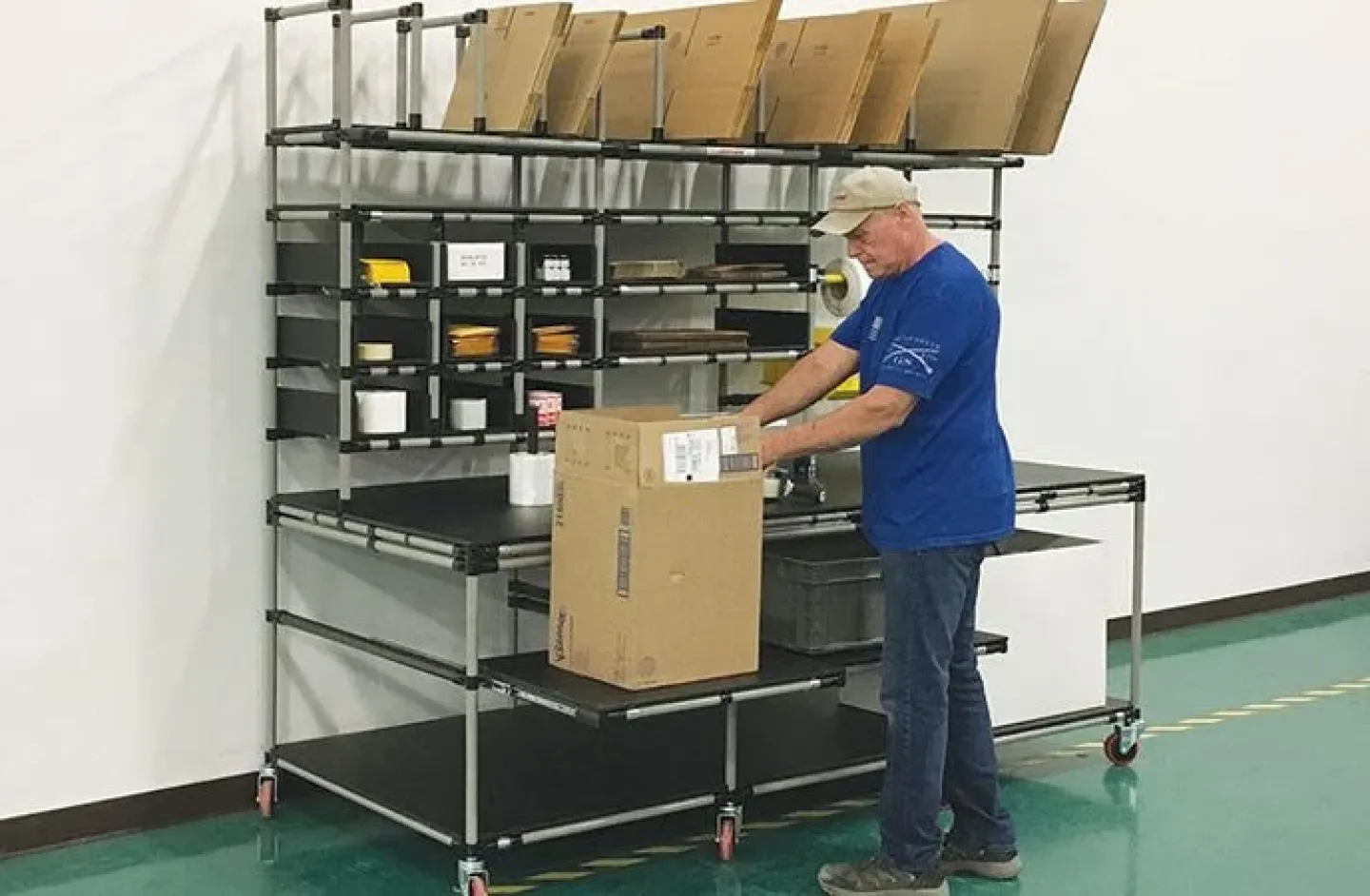 An ergonomic warehouse packing station.